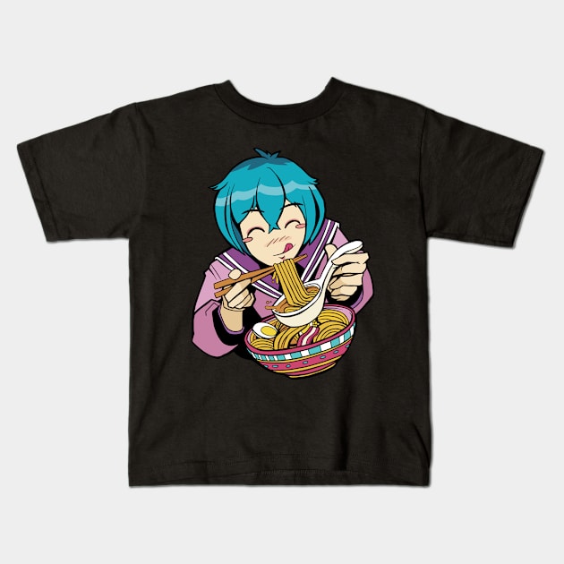 Cute Anime Girl Eating Ramen Kids T-Shirt by OnepixArt